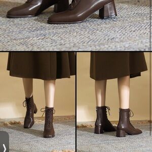 Lace-Up Block Heel Ankle Boots - Brown